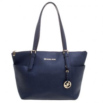 Pre Owned Michael Kors Dark Blue Saffiano Leather Top-zip Jet Set Tote