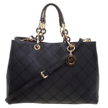 Pre Owned Michael Kors Black Leather Cynthia Cross Stitch Tote