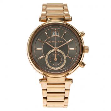 Pre Owned Michael Kors Grey Rose Gold-Plated Stainless Steel Sawyer MK6226 Women's Wristwatch 39MM