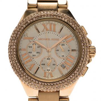 Pre Owned Michael Kors Cream Rose Gold-Plated Stainless Steel Crystal Camille MK5636 Women's Wristwatch 43MM
