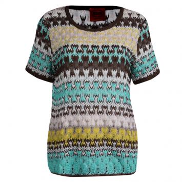 Pre Owned Missoni Multicolor Perforated Knit Short Sleeve Top L