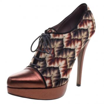 Pre Owned Missoni Multicolor Patterned Knit and Leather Platform Lace Up Ankle Booties Size 38.5