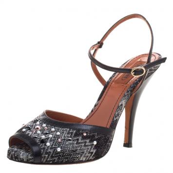 Pre Owned Missoni Black Embellished Patterned Knit Ankle Strap Sandals Size 38.5
