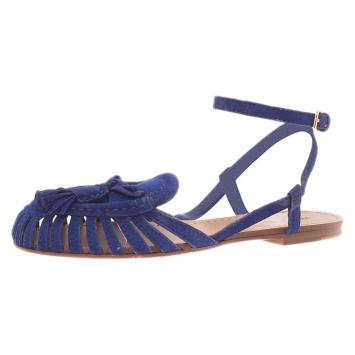 Pre Owned Miu Miu Blue Cutout Suede Tassel Detail Ankle Strap Flat Sandals Size 38
