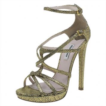 Pre Owned Miu Miu Gold Stingray Strappy Platform Sandals Size 36