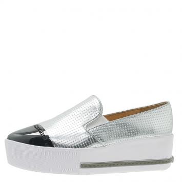 Pre Owned Miu Miu Two Tone Metallic Embossed Leather Platform Slip-on Sneakers Size 38