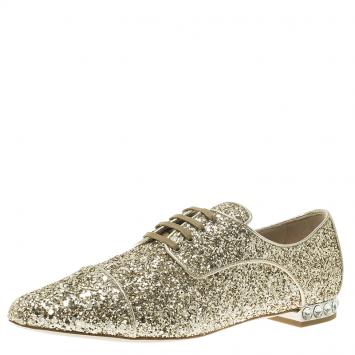 Pre Owned Miu Miu Gold Glitter Lace Up Oxfords Size 37