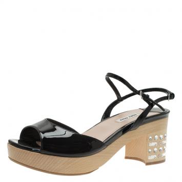 Pre Owned Miu Miu Black Patent Crystal Embellished Wooden Platform Sandals Size 39