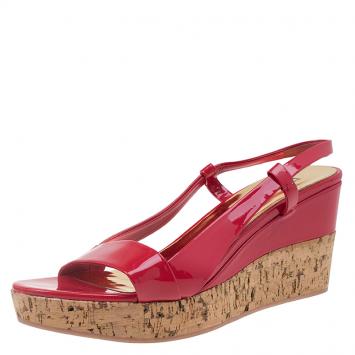 Pre Owned Miu Miu Red Patent Cork Slingback Wedges Sandals Size 39