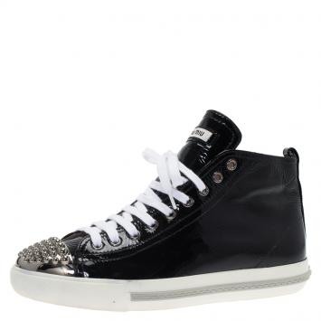 Pre Owned Miu Miu Black Patent Studded Cap Toe High Top Sneakers Size 39
