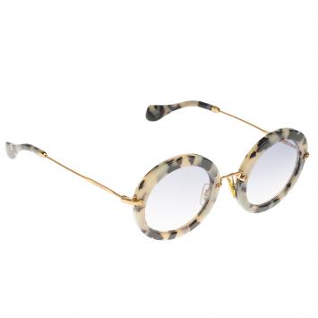 Pre Owned Miu Miu SMU13N Havana Sand Dark Brown Grey Round Sunglasses