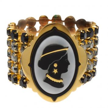 Pre Owned Miu Miu Plexiglass Cameo Crystal Embellished Gold Tone Wide Bracelet 17cm