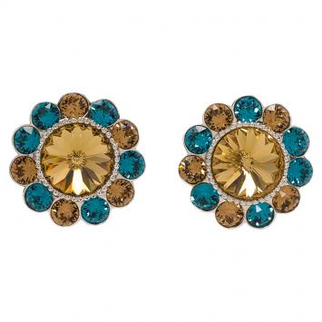 Pre Owned Miu Miu Brown & Blue Swarovski Crystals Flower Palladium Plated Clip-On Stud Earrings