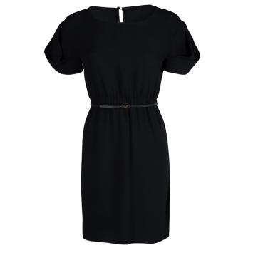 Pre Owned Miu Miu Black Short Sleeve Gathered Belted Dress S