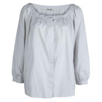 Pre Owned Miu Miu Grey Cotton Gathered Long Sleeve Blouse L