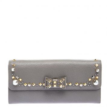 Pre Owned Miu Miu Grey Leather Bow Embellished Continental Wallet