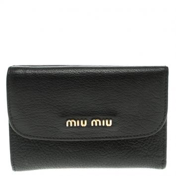 Pre Owned Miu Miu Black Leather Madras Compact Wallet