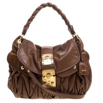 Pre Owned Miu Miu Brown Matelasse Lux Leather Coffer Hobo