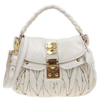 Pre Owned Miu Miu Light Ivory Leather Matelasse Hobo