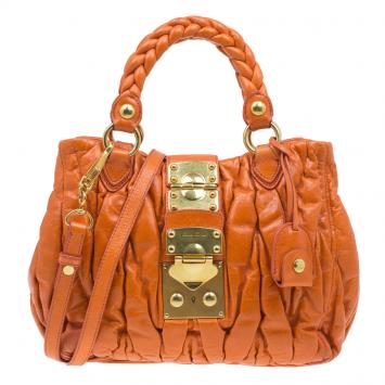 Pre Owned Miu Miu Orange Leather Small Matelasse Tote Shoulder Bag