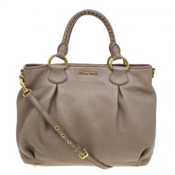 Pre Owned Miu Miu Beige Leather Small Taupe Tote Bag
