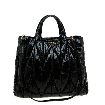 Pre Owned Miu Miu Black Matelasse Patent Vinyl North/South Tote