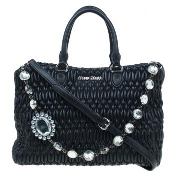 Pre Owned Miu Miu Black Matelasse Nappa Leather Crystal Tote