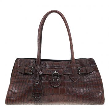 Pre Owned Miu Miu Brown Croc Embossed Leather Vintage Tote