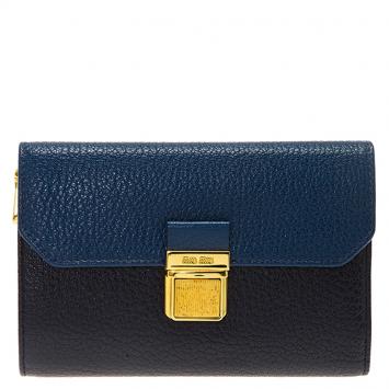 Pre Owned Miu Miu Blue Bi Color Madras Leather Compact Wallet