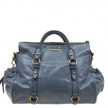 Pre Owned Miu Miu Blue Vitello Glazed Leather Bauletto Tote
