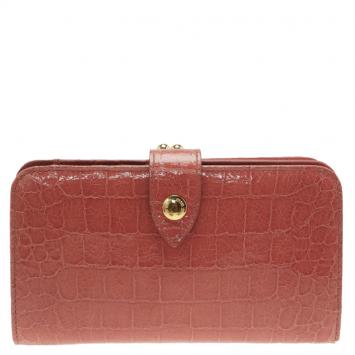 Pre Owned Miu Miu Coral Pink Croc Embossed Leather Long Wallet