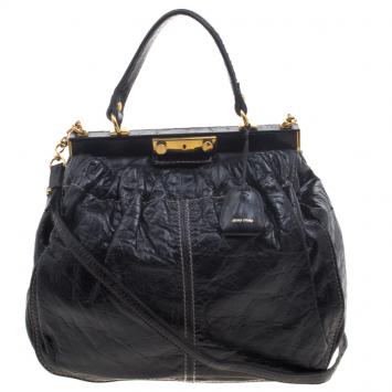 Pre Owned Miu Miu Black Vitello Lux Leather Frame Top Handle Bag