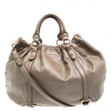 Pre Owned Miu Miu Beige Luxe Ruched Leather Hobo