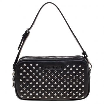 Pre Owned Miu Miu Black Leather Mini Studded Pouch