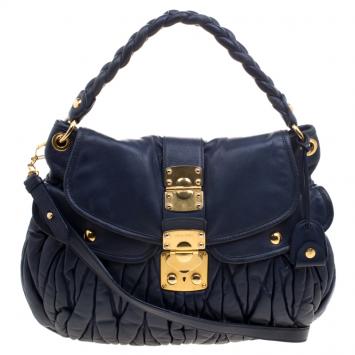 Pre Owned Miu Miu Navy Blue Matelasse Lux Leather Coffer Hobo