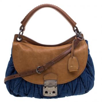 Pre Owned Miu Miu Blue/Brown Matelasse Denim and Leather Hobo