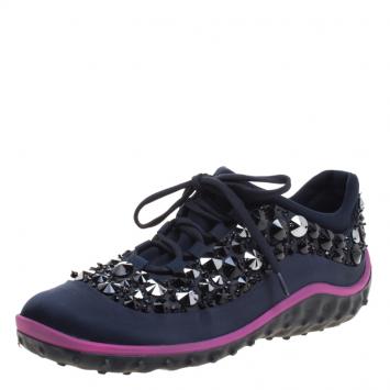 Pre Owned Miu Miu Blue Embellished Satin Astro Sneakers Size 38