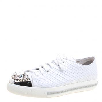 Pre Owned Miu Miu White Perforated Leather Crystal Embellished Cap Toe Sneakers Size 39