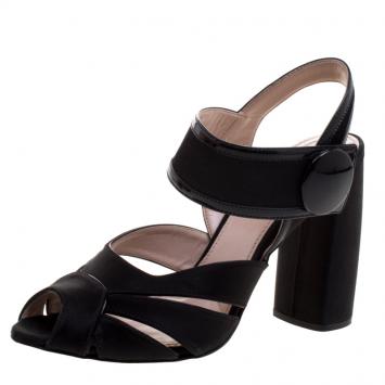 Pre Owned Miu Miu Black Satin Ankle Strap Block Heel Sandals Size 38.5