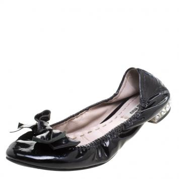 Pre Owned Miu Miu Black Patent Leather Crystal Embellished Ballet Flats Size 38