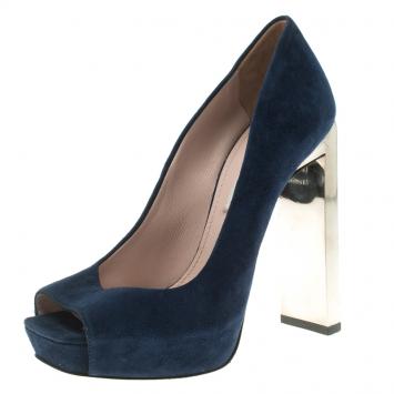 Pre Owned Miu Miu Blue Suede Crystal Heel Peep Toe Platform Pumps Size 36