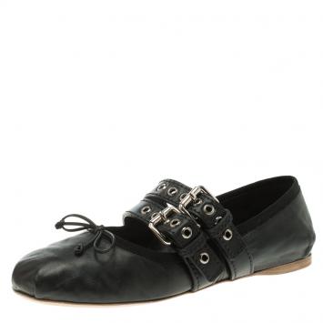 Pre Owned Miu Miu Black Leather Ankle Wrap Ballet Flats Size 39