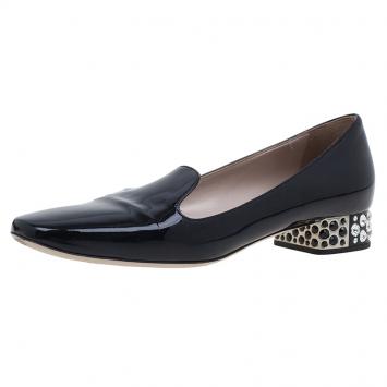 Pre Owned Miu Miu Black Patent Crystal Heel Smoking Slippers Size 37.5 