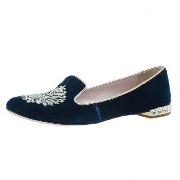 Pre Owned Miu Miu Navy Blue Velvet Crest Embellished Smoking Slippers Size 38