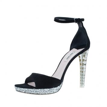 Pre Owned Miu Miu Black Suede Crystal Heel Ankle Strap Sandals Size 41