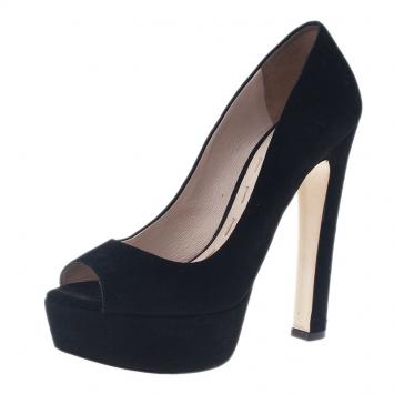 Pre Owned Miu Miu Black Suede Peep Toe Platform Pumps Size 37