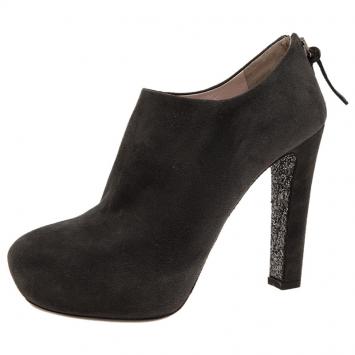 Pre Owned Miu Miu Grey Suede Glitter Heel Platform Ankle Boots  Size 38