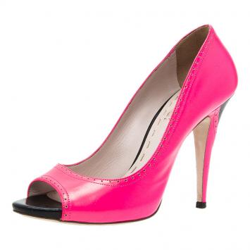 Pre Owned Miu Miu Pink and Black Leather Peep Toe Pumps Size 39