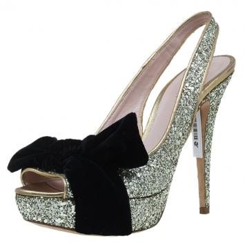 Pre Owned Miu Miu Gold Glitter Velvet Bow Slingback Platform Sandals Size 38.5