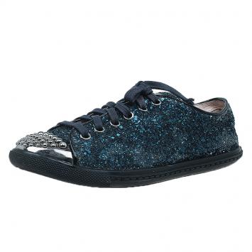 مملوكة مسبقًا Miu Miu Navy Blue Glitter Studded Lace Up Sneakers Size 35
